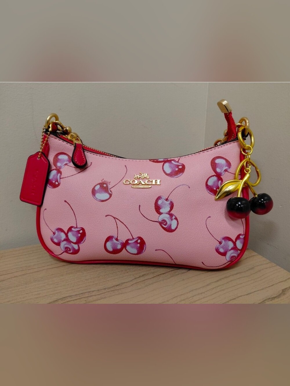 Coach Pink Cherry-Print Mini Shoulder Bag with Gold Hardware - Picture 4 of 7